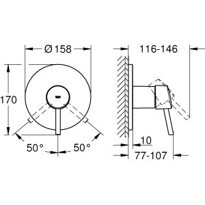Technische Zeichnung: Grohe Concetto Einhand-Brausebatterie in Chrom mit Maßangaben.