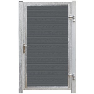 Einzeltor Artura WPC Schiefergrau mit silbernen Pfosten, Ansicht von vorne.