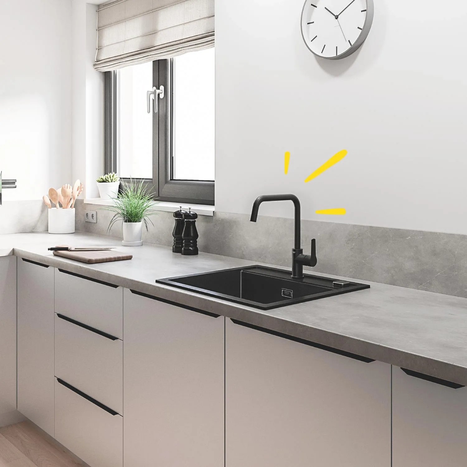 Grohe QuickFix Spültischarmatur Start, Schwarz, in moderner Küche mit Spüle.
