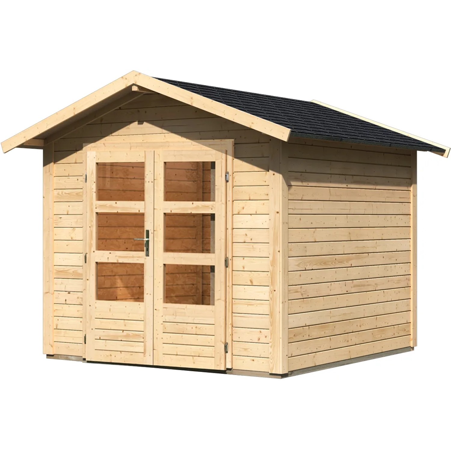 Karibu Holz-Gartenhaus Tessin 1, naturbelassen mit Doppeltür und schwarzen Dachschindeln.