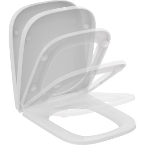 Weißer Ideal Standard WC-Sitz i.life A mit Absenkautomatik in verschiedenen Öffnungswinkeln.