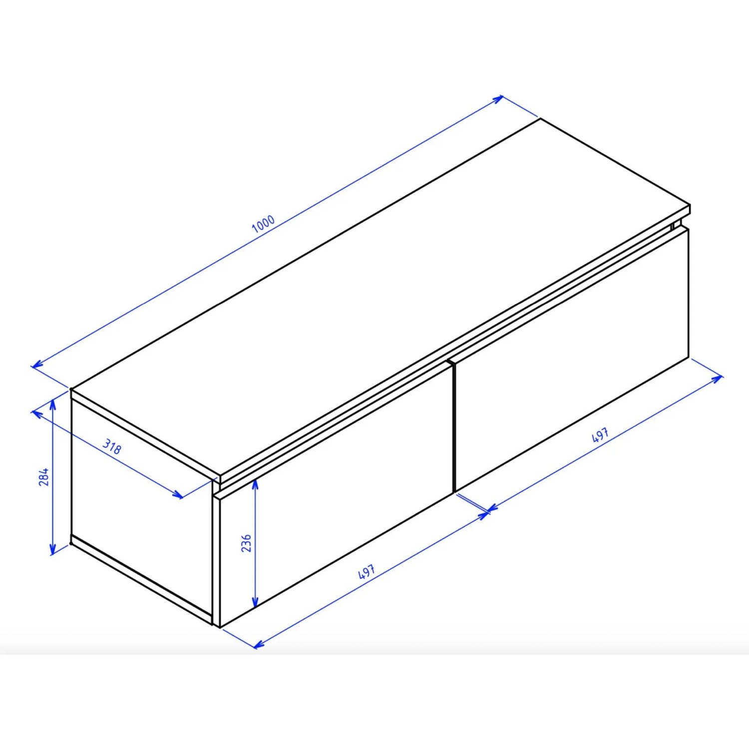 Technische Zeichnung Selsey TV-Hängeboard Bemmi 100 cm mit Maßen: 100x28,4x31,8 cm, zwei Fächer.