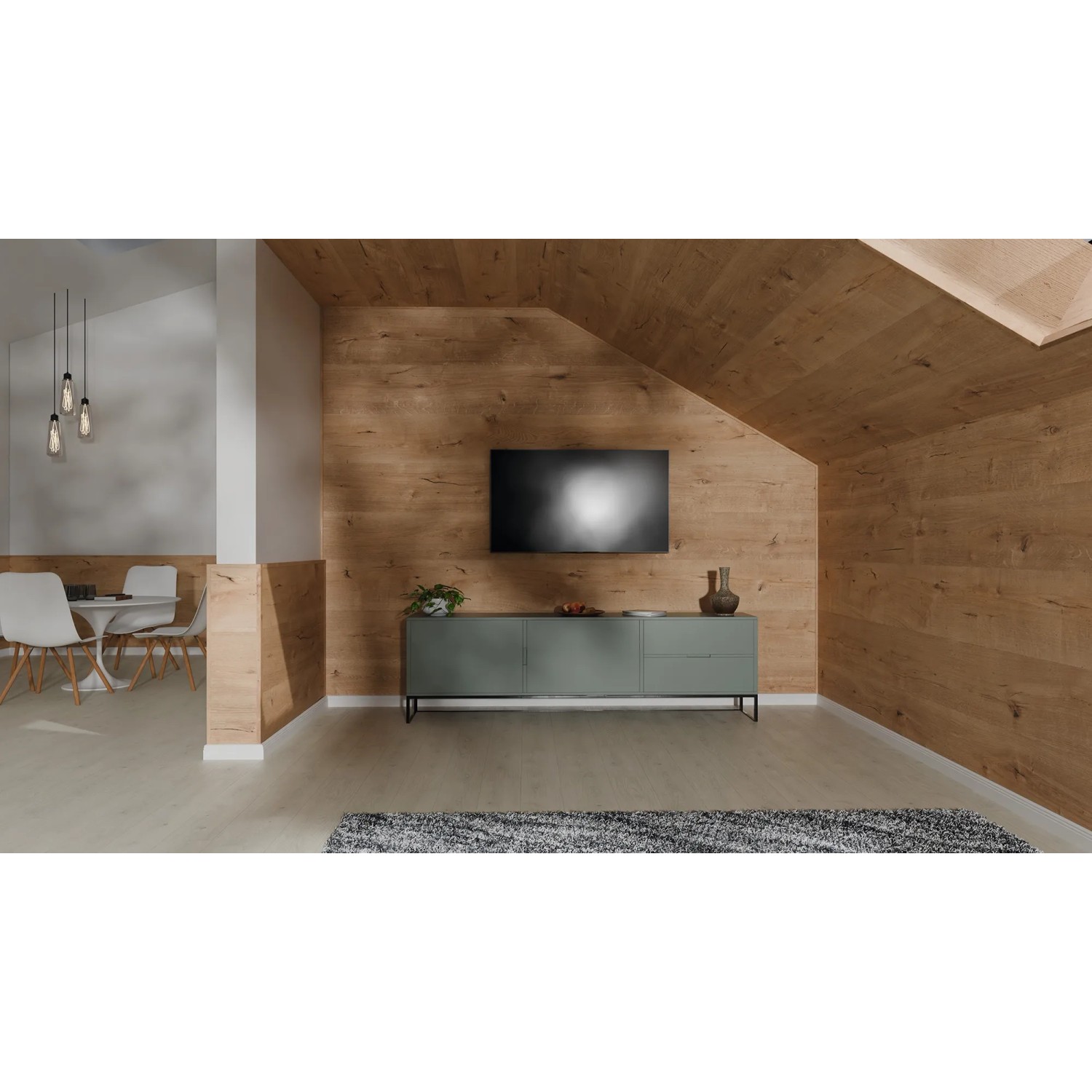 Wohnraum mit Egger Decowall Faltleiste FL008 Loveland Eiche als Wandverkleidung.