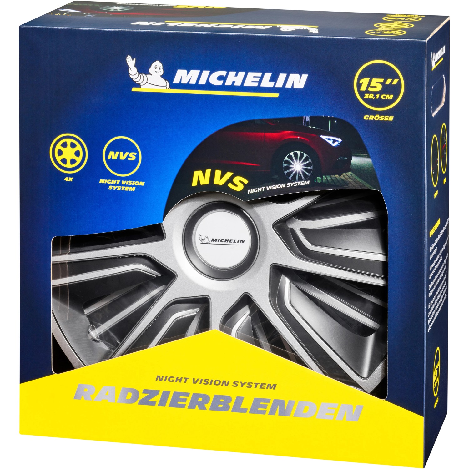 Michelin Radzierblenden Typ Louise, silber/schwarz, 14 Zoll, im Karton mit Auto-Abbildung.