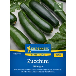 Kiepenkerl Zucchini Midnight F1-Hybride: Dunkelgrüne Zucchini auf Saatguttüte.