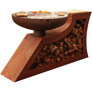 Ferrum Art Design Feuerstelle L-Form Rost mit Holzfach und Grillplatte.