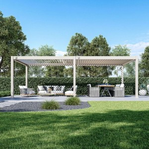 Weide Deluxe Plus Pavillon Terrassenüberdachung 4x8m in Ivory Sand. Aluminium-Pergola mit verstellbaren Lamellen im Garten.