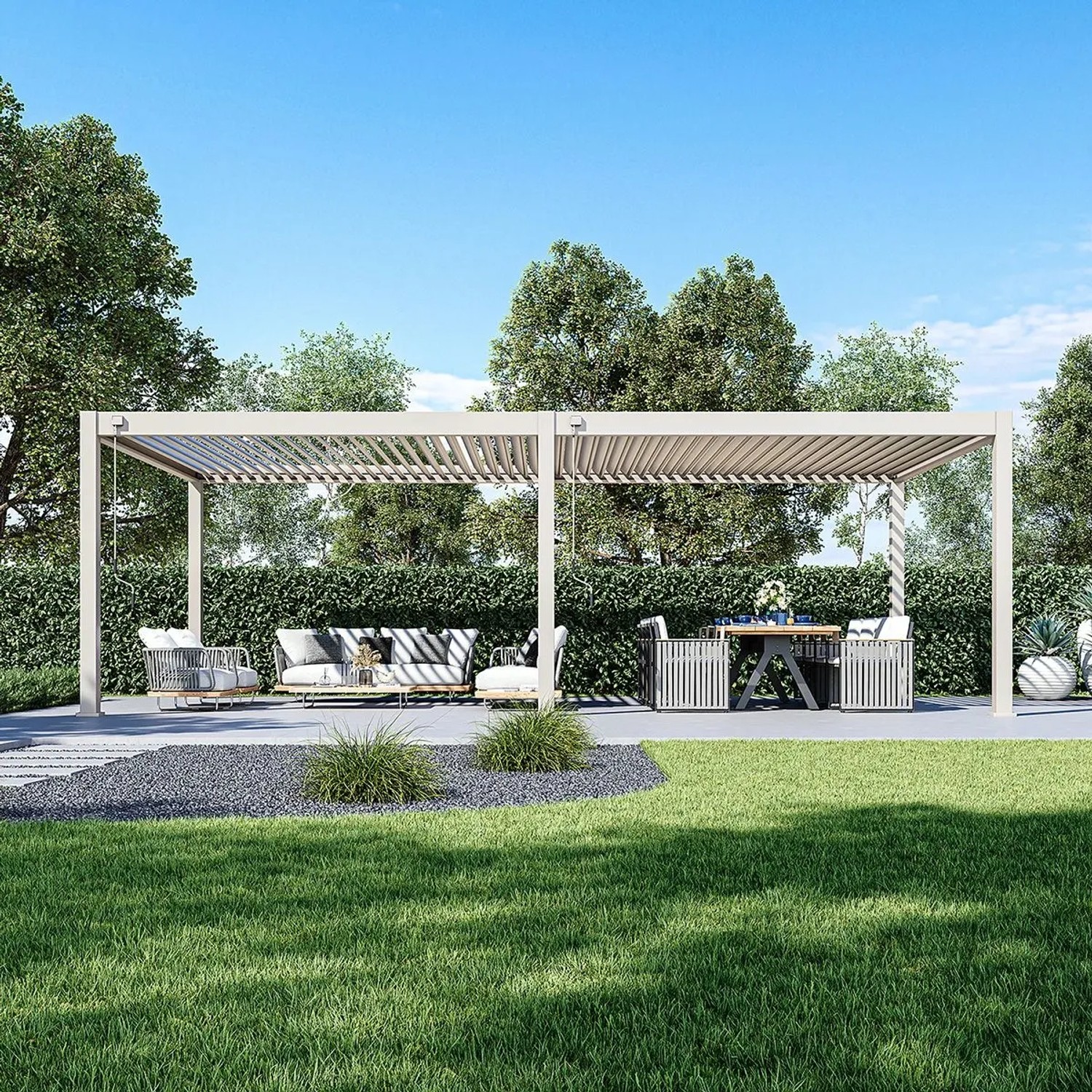 Weide Deluxe Plus Pavillon Terrassenüberdachung 4x8m in Ivory Sand. Aluminium-Pergola mit verstellbaren Lamellen im Garten.
