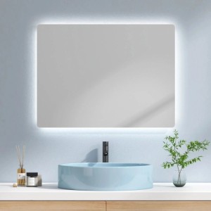 Emke Badspiegel 80x60 cm mit LED-Beleuchtung in Kaltweiß über Waschbecken. Rechteckiger LED-Spiegel für Badezimmer.