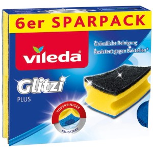 Vileda Glitzi Plus Topfreiniger 6er-Pack mit antibakterieller Wirkung, gelb/schwarz.
