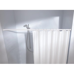 Weiße Kleine Wolke Federstange (125-220cm) mit Duschvorhang im Badezimmer.