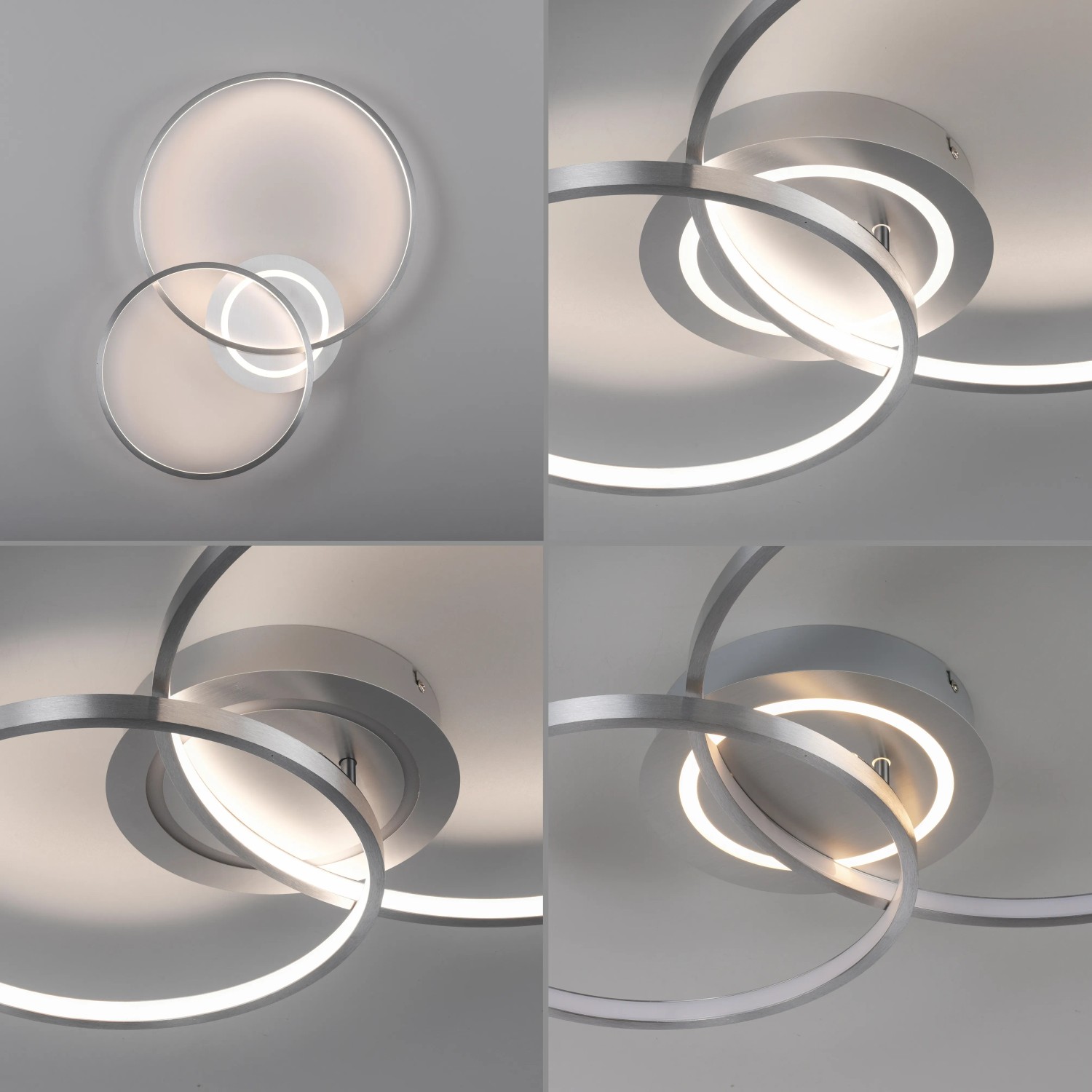 Moderne LED-Deckenleuchte Asmina von Just Light aus Aluminium, 69x55 cm, mit verschlungenen Ringen.