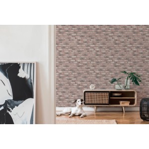 Wohnraum mit A.S. Création Vliestapete in Ziegelstein Optik Beige, kombiniert mit hellem Holzfußboden und Möbeln.