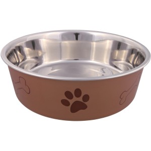Jollypaw Edelstahlnapf, 2.2 l, mit braunem Kunststoffmantel, Pfotenabdruck und Knochen Muster.