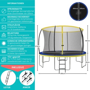 Zero Gravity Outdoor Trampolin 366cm TÜV GS Smartes Klappnetz mit Leiter und Bodenanker