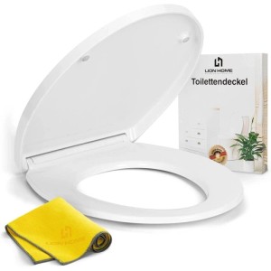 Lion Home WC-Sitz aus Duroplast mit Absenkautomatik, weiß, mit Reinigungstuch.