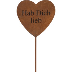 Rostfarbener Gartenstecker Herz mit "Hab Dich Lieb" Schriftzug, 35 cm hoch.
