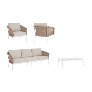 Bizzotto Oceana Sitzgruppe: Lounge-Set mit Sofa, Sessel und Tisch, Rattan-Optik, Kissen Vapor.
