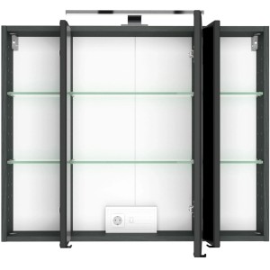 Held Möbel 3D-Spiegelschrank Bari 80 cm in Graphitgrau mit LED-Leuchte und Glasböden.