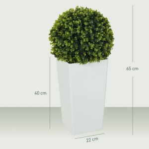 Grüne HOMCOM Kunstpflanze, 65 cm hoch, mit dichter Kugelform in weißem, konischem Topf.