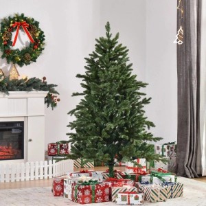 Grüner, voller HOMCOM künstlicher Weihnachtsbaum, 150 cm hoch, mit Geschenken im festlichen Raum.