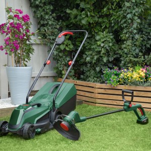 Bosch Rasenpflegeset mit Akku-Rasenmäher und Rasentrimmer im Garten.