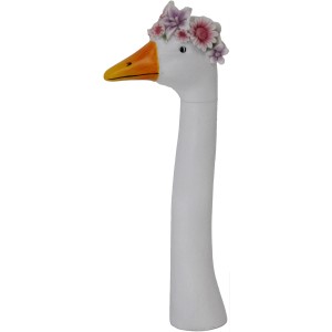 Gartendeko: Weißer Gänsekopf mit Blumenkranz, 38 cm hoch.