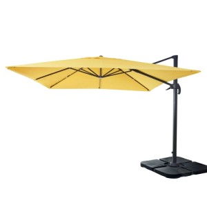 Gelber Ampelschirm 3x3m mit Stahlgestell und Ständerplatten.