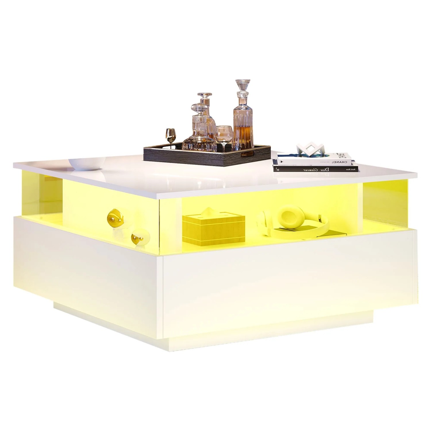 okwish Couchtisch mit LED 2 Schubladen Präsentationsbereich 70x70x41cm Weiß_9