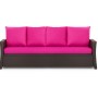 Gartensofa mit rosefarbenen Kissen: 3-Sitzer Polyrattan Möbel mit Sitz- und Rückenkissen.