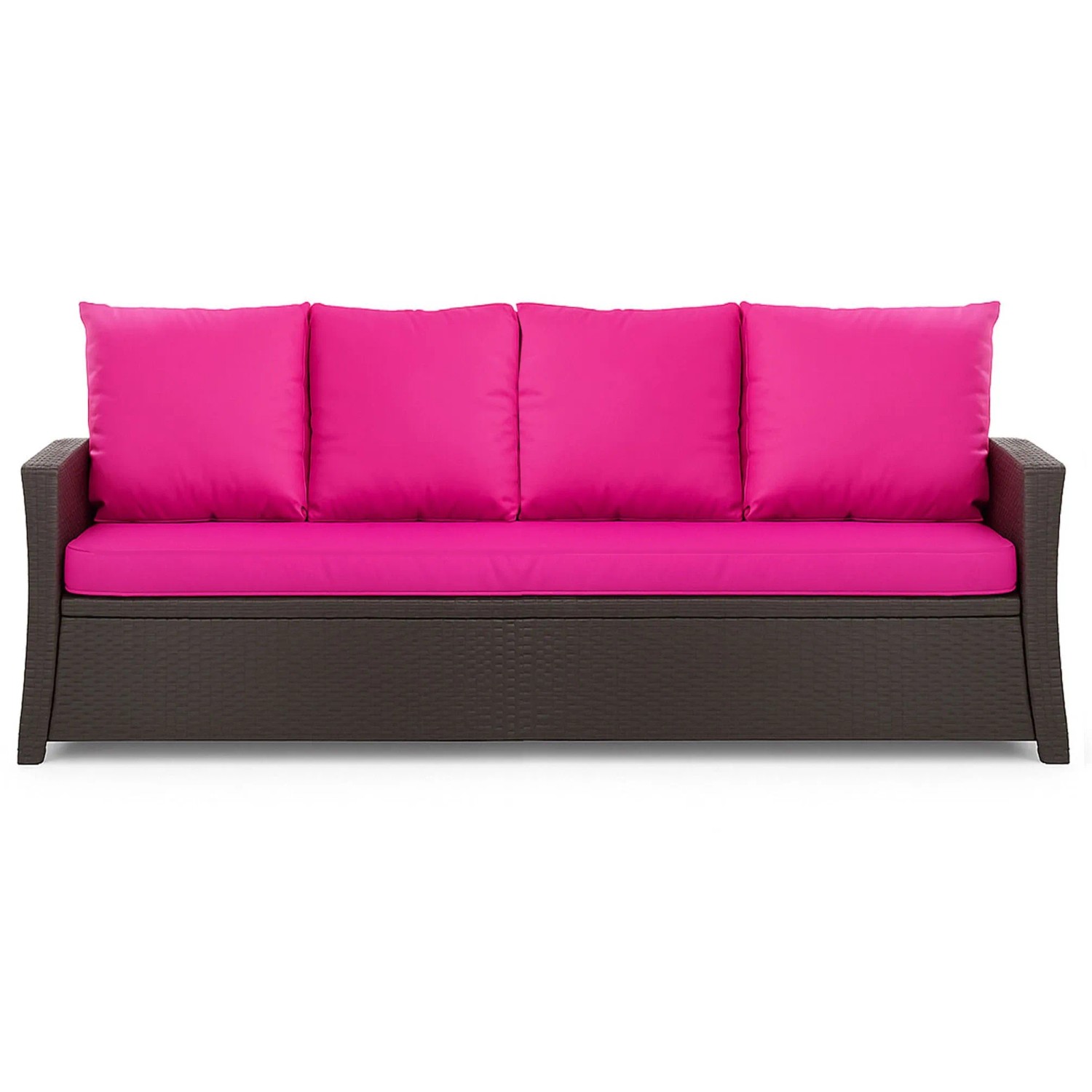 Gartensofa mit rosefarbenen Kissen: 3-Sitzer Polyrattan Möbel mit Sitz- und Rückenkissen.