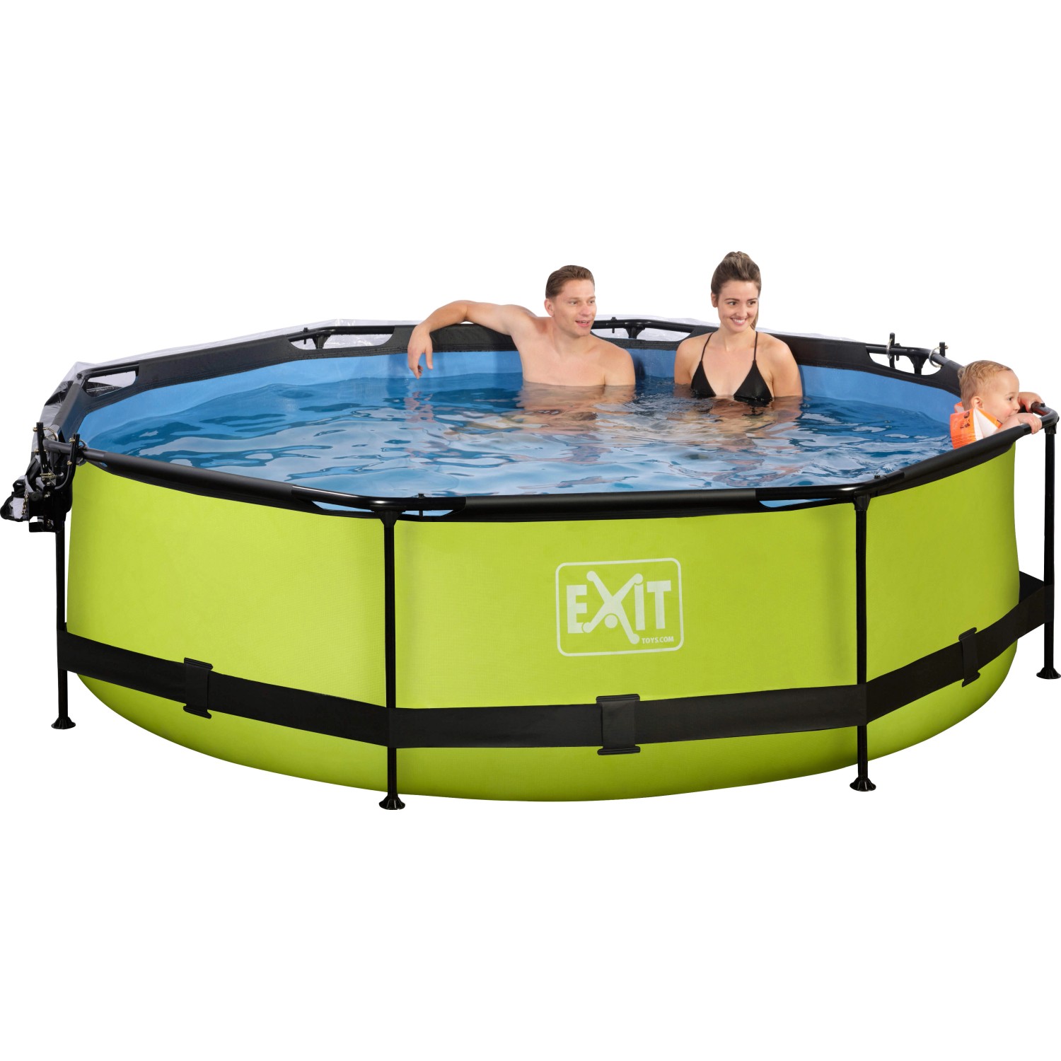 EXIT Lime Pool, grüner Stahlrahmenpool ø 300 cm mit Filterpumpe und Abdeckung, mit Personen im Wasser.