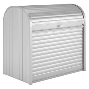 Biohort StoreMax 120 Gartenbox in Silber-Metallic mit Rollladen und Zylinderschloss.