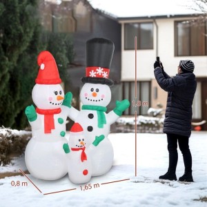 Weiße aufblasbare Schneemannfamilie (180 cm hoch) mit LED-Lichtern als Weihnachtsdekoration für den Garten.
