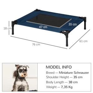 Blaues, erhöhtes PawHut Hundebett mit schwarzer Liegefläche und Metallrahmen, 76x61x18 cm, für Outdoor.