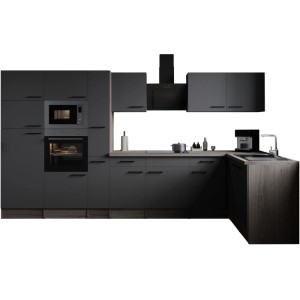 Respekta Winkelküche Oliver 370 cm, Eiche York/Grau Matt, mit E-Geräten und Spüle.