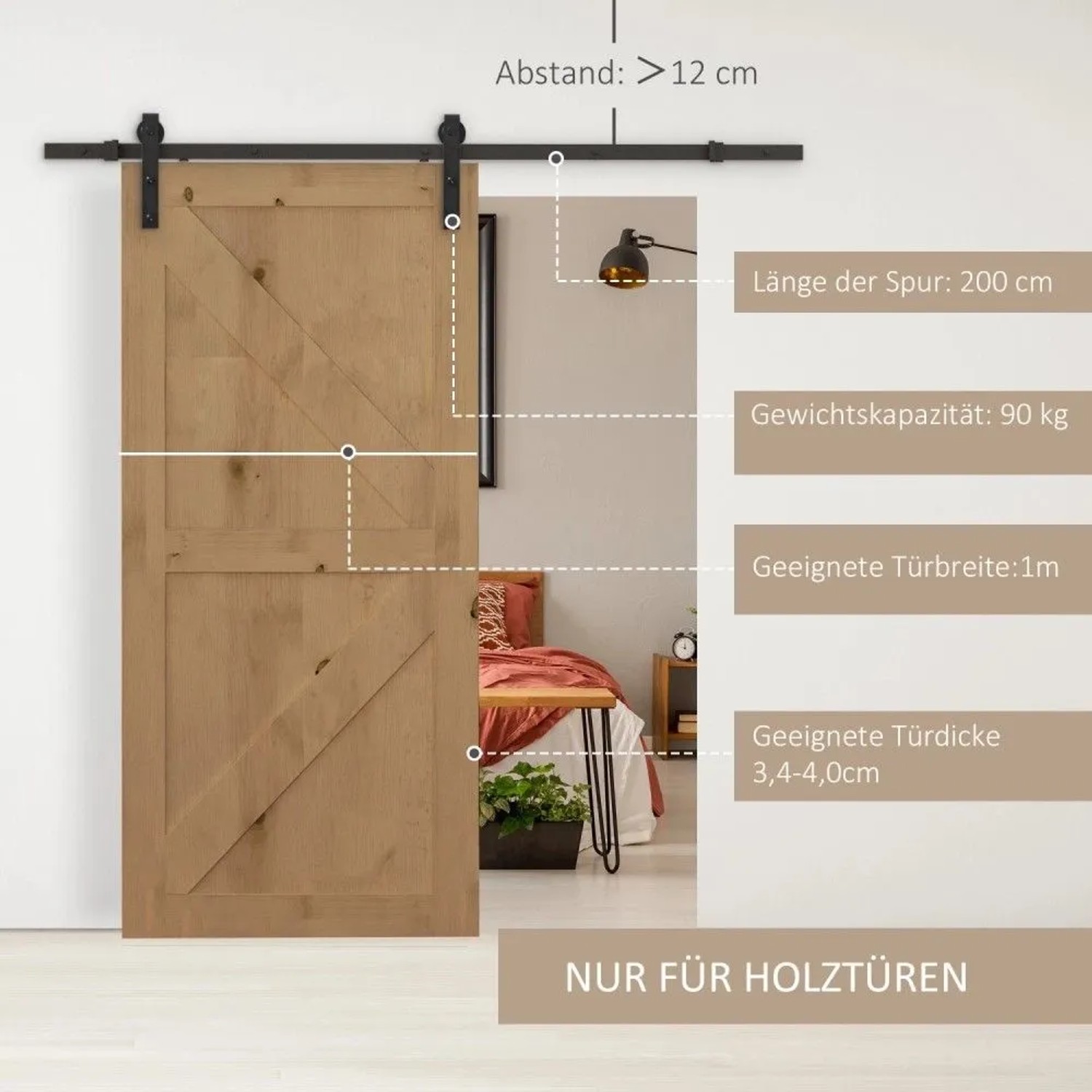 Schwarzer HOMCOM Schiebetür-Beschlagsatz aus Kohlenstoffstahl, 200 cm Schiene, an rustikaler Holztür montiert. Max. 90 kg.