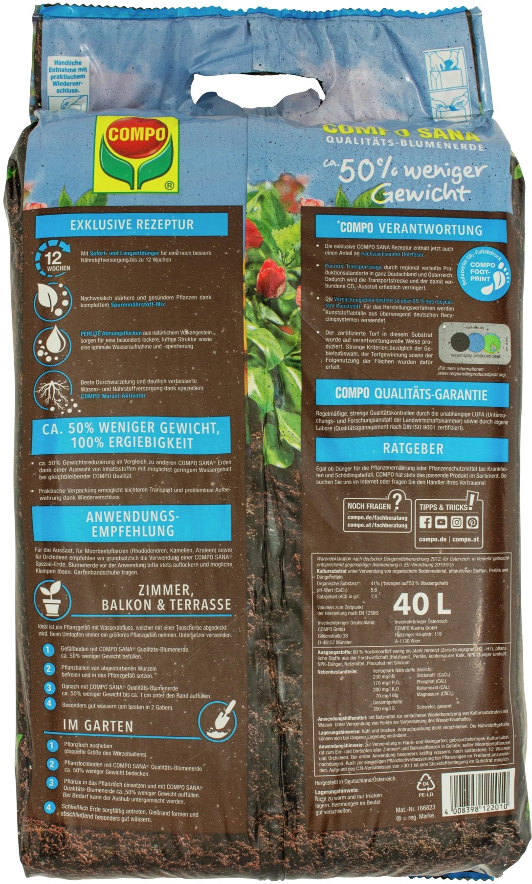 Compo QualitätsBlumenerde ca. 50 weniger Gewicht 2.240 l (56 x 40 l