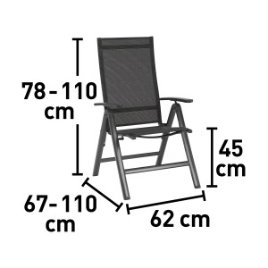 Schwarzer Klappsessel Pacora II Textilen mit Maßen für Höhe, Sitzhöhe, Tiefe und Breite.