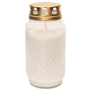 Weißes Bolsius Grablicht mit goldenem Deckel, 9x17,3 cm, für den Friedhof.