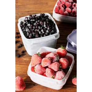 SmartStore Gefrierdosen Frost, 4er-Set, gefüllt mit gefrorenen Beeren und Erdbeeren.