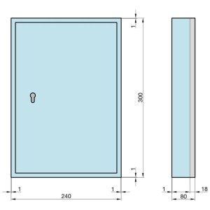Grauer Basi Schlüsselschrank SS 100 PZ. Technische Zeichnung mit Front- & Seitenansicht, Schlüsselloch, Maße.
