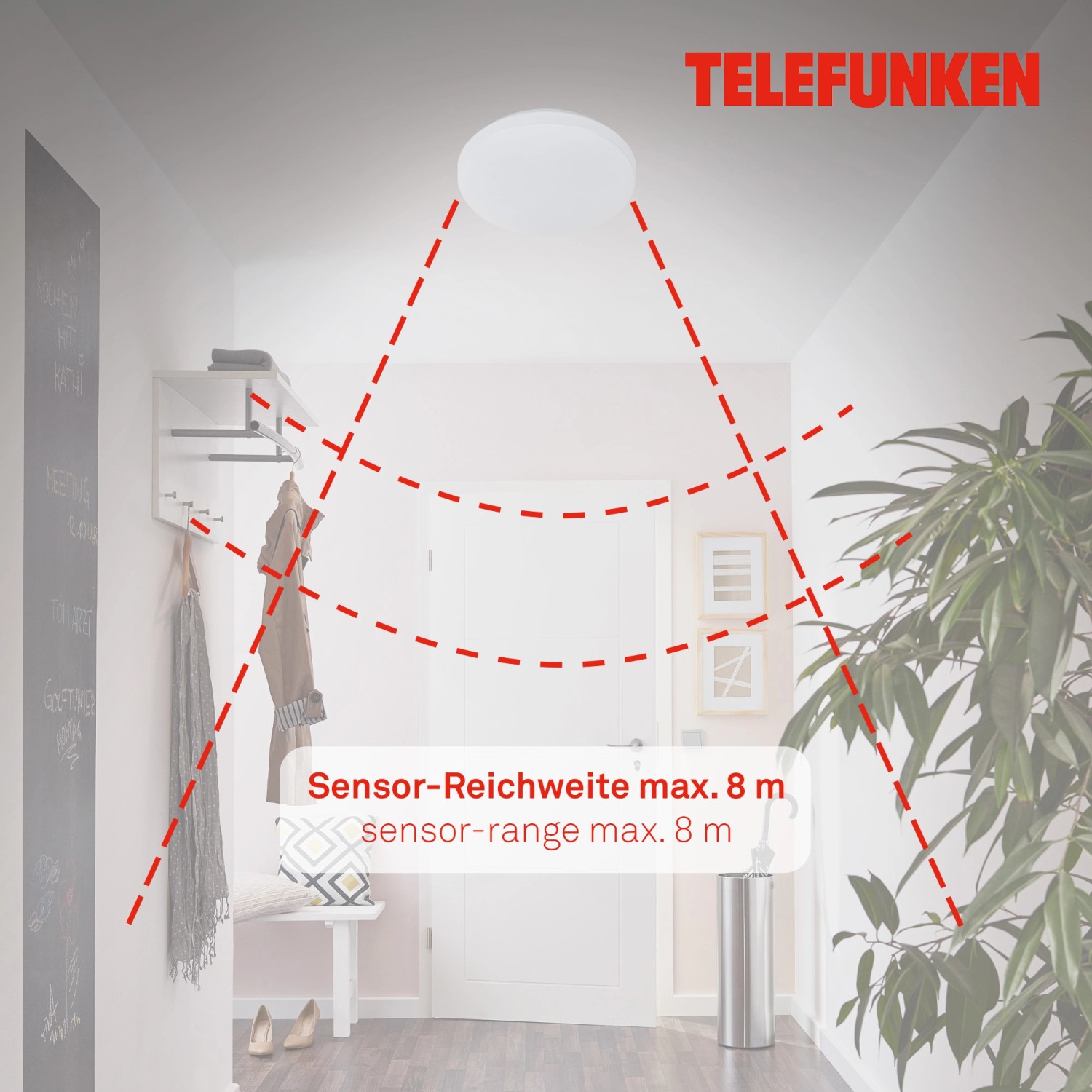 Weiße Telefunken LED-Deckenleuchte Wolga mit Sensor im Flur, Reichweite 8m.