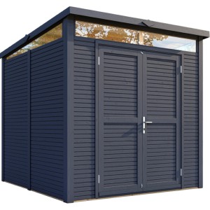 Anthrazitfarbenes Bertilo Gartenhaus Woodline Pent aus Holz mit Doppeltür und Flachdach.