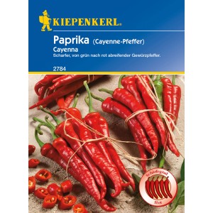 Kiepenkerl Paprika Cayenna Samen: Scharfe, rote Chili-Schoten auf der Packung.
