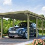 Weka Flachdach-Carport aus Holz, Einzelcarport ohne Dachplatten mit Auto.