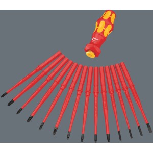 Wera Schraubendreher-Set Kraftform Kompakt Turbo i 1, 16-teilig mit rotem Griff und verschiedenen Schraubklingen.
