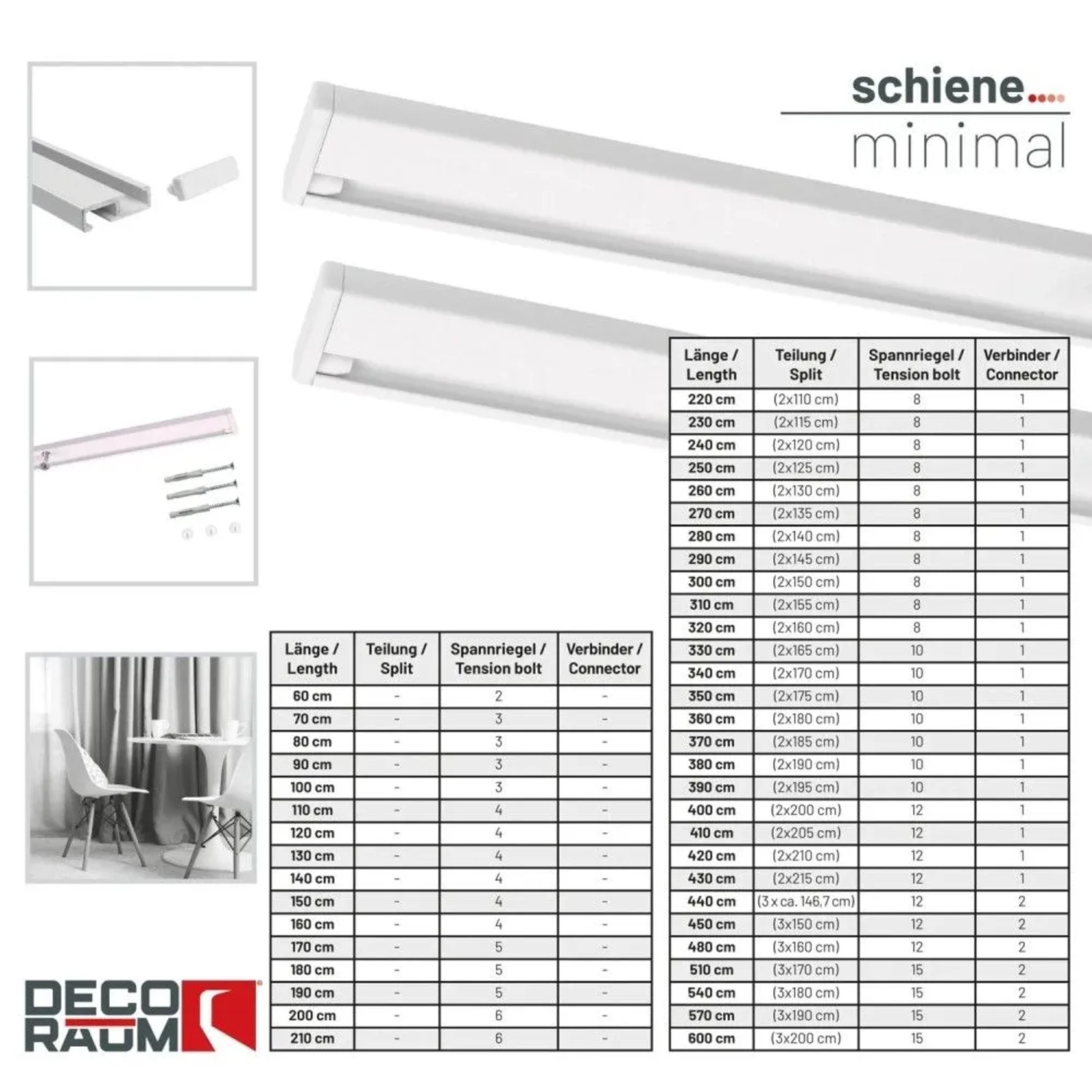 Weiße Deco-Raum Gardinenschiene Minimal, 1-läufig, zur Deckenmontage. Inkl. Zubehör und Längentabelle für Maßanfertigung.