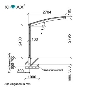 Technische Zeichnung: Ximax Carport Portoforte-60 Tandem, Mattbraun, Maße und Fundamentdetails.