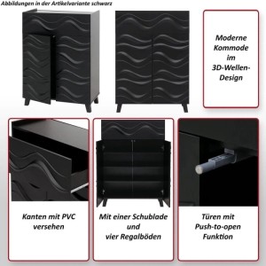 Schwarze MCW Kommode N86 mit 3D-Wellen-Design, einer Schublade und vier Regalböden.